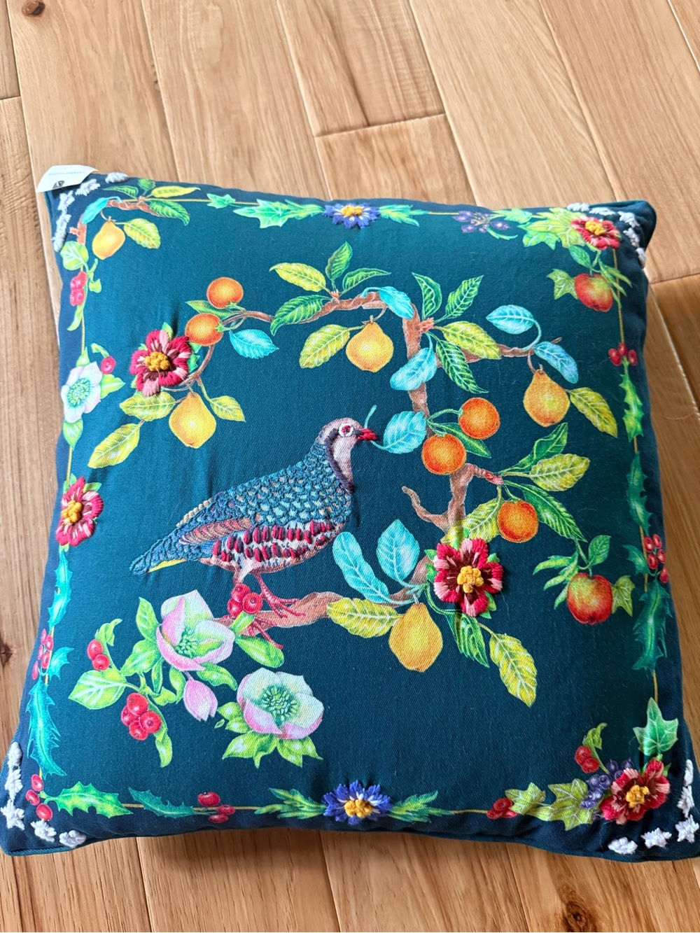 Anthropologie Teal Embroidered Bird & Fruit Pillow